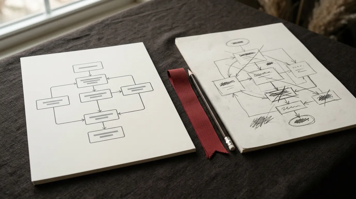 Two sheets on a desk: the left a clean printed flow diagram, the right a rough pencil sketch of a more tangled version with crossings-out.