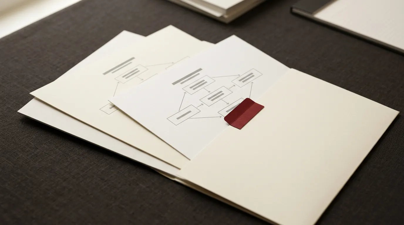 Three loose sheets, each printed with a small flow diagram, sliding into a cream card folder on a dark desk, with a dark red tab on the folder's edge.