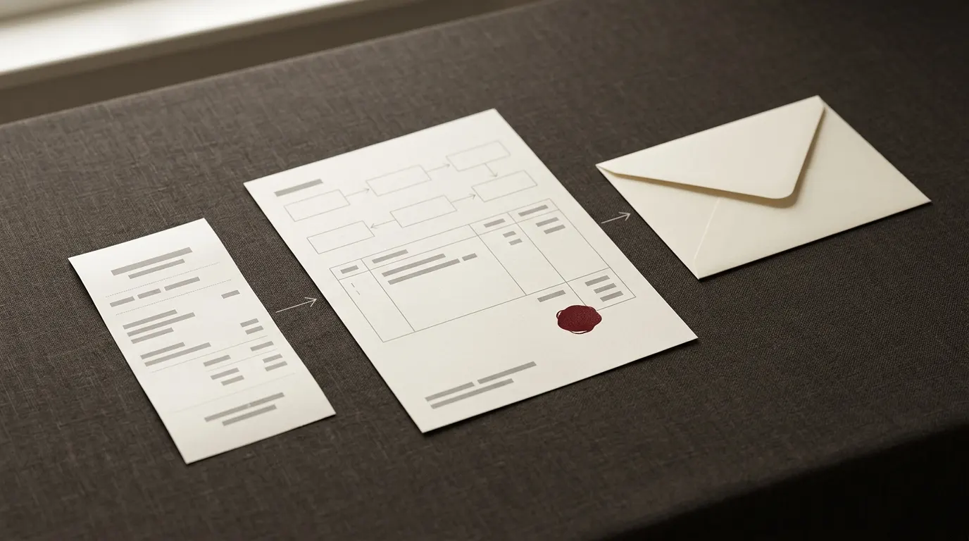 A receipt-like slip, an invoice-like sheet and an envelope laid left to right on a desk, joined by pencil arrows.