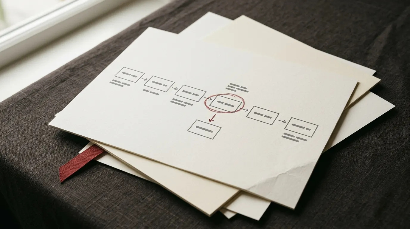 A printed flow diagram on paper, one box circled in dark red pencil, with an arrow drawn to a separate box added below it in the margin.
