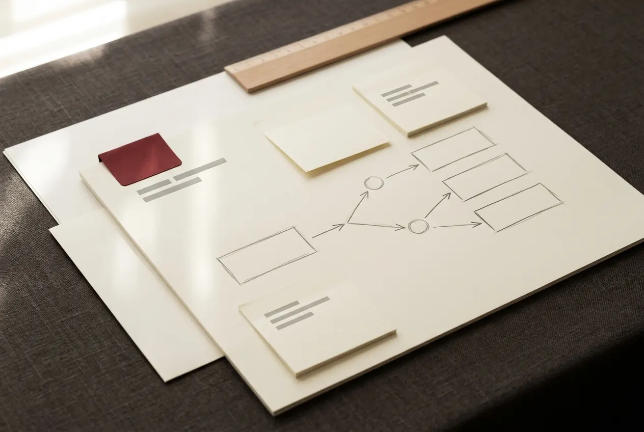 A large sheet of paper on a dark desk with a rough pencil sketch of a workflow, two small square notes resting on it, a wooden ruler along the top edge and a dark red paper tab on one corner.
